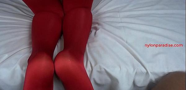  Sandy Luna red opaque stockings footjob and cumshot on feet soles